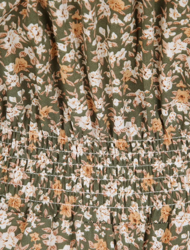 Robe longue à imprimé fleuri et taille brodée - Kaki