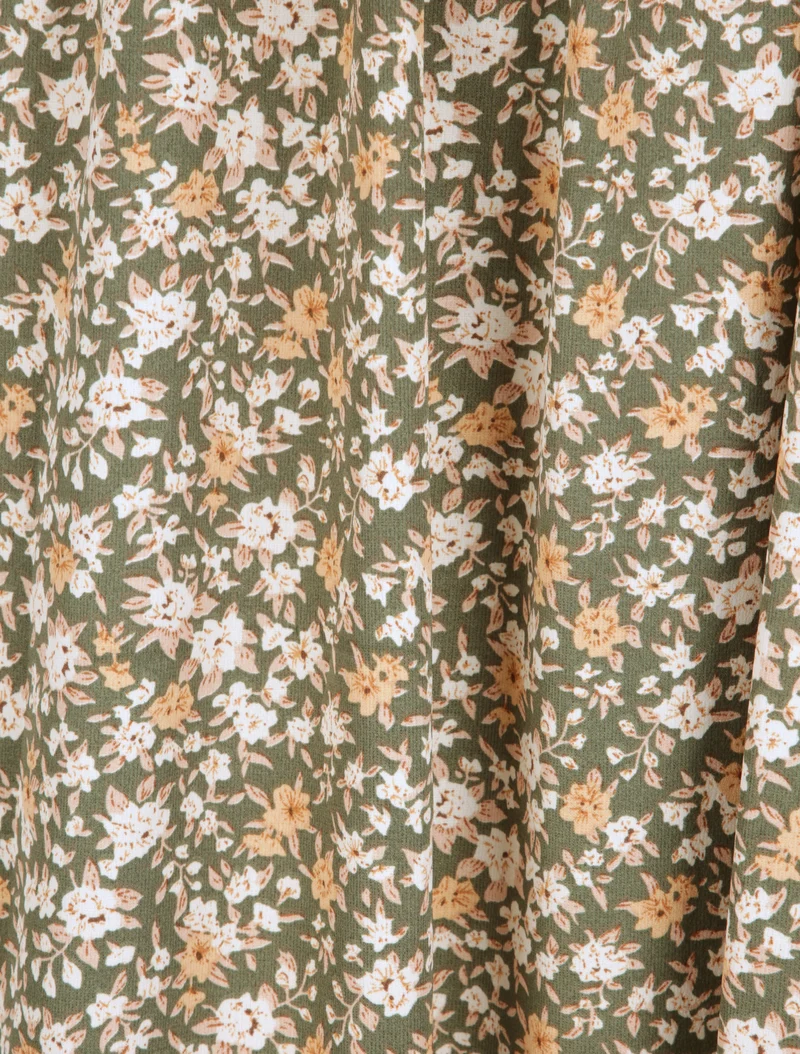 Robe longue à imprimé fleuri et taille brodée - Kaki