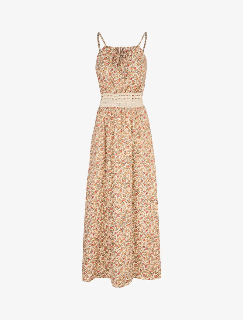 Robe longue à imprimé fleuri et taille brodée - Orange
