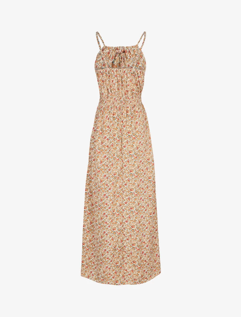 Robe longue à imprimé fleuri et taille brodée - Orange