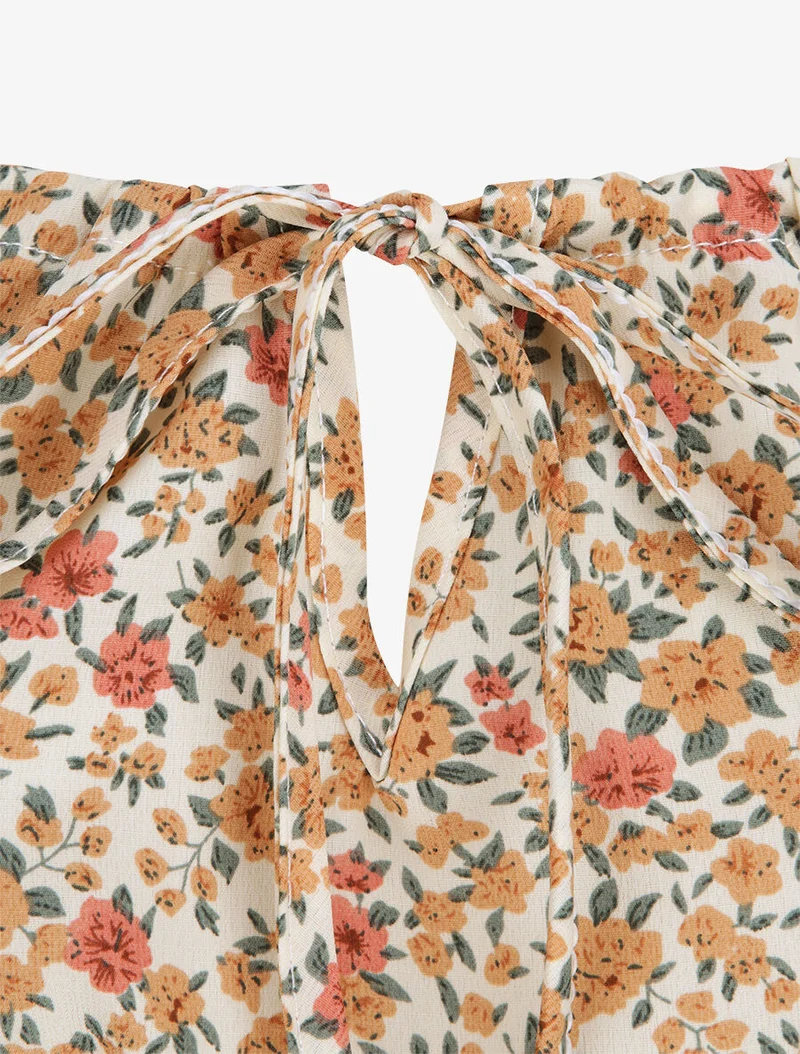 Robe longue à imprimé fleuri et taille brodée - Orange