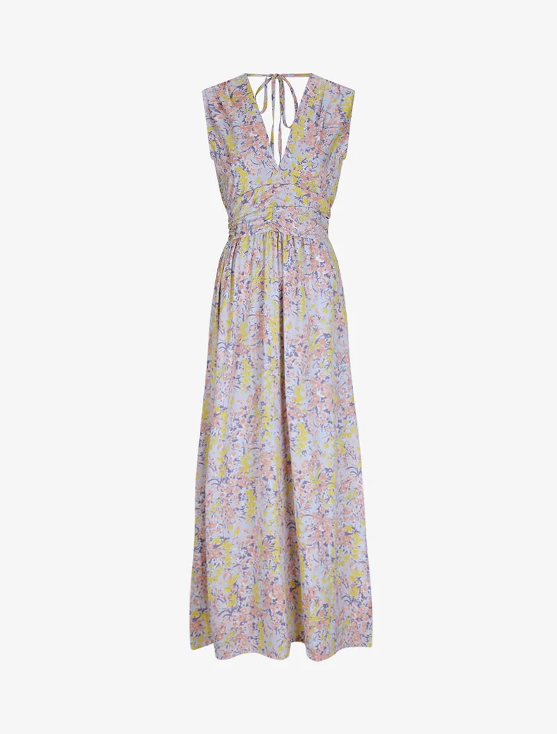 Robe longue à imprimé fleurs printanières - Bleu ciel