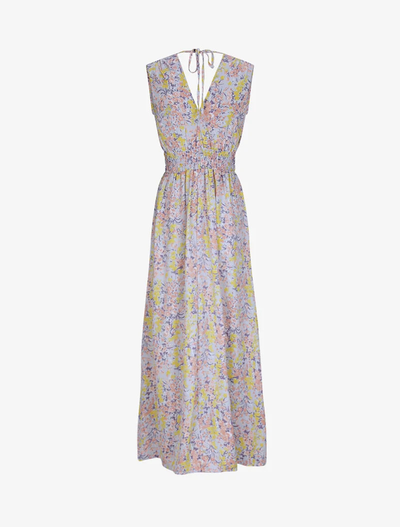 Robe longue à imprimé fleurs printanières - Bleu ciel