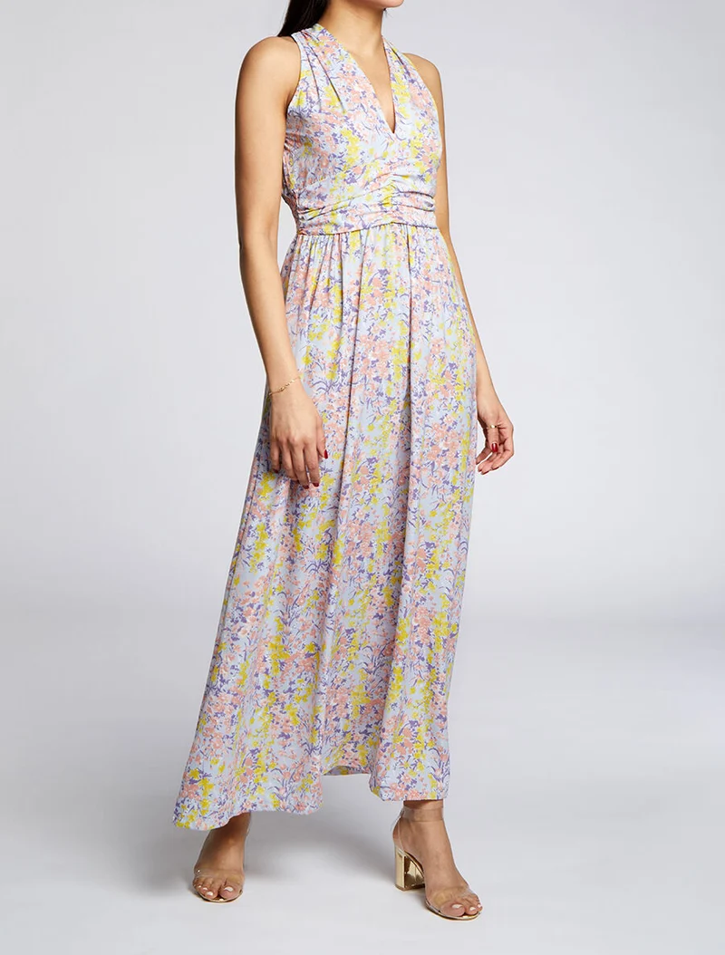 Robe longue à imprimé fleurs printanières - Bleu ciel