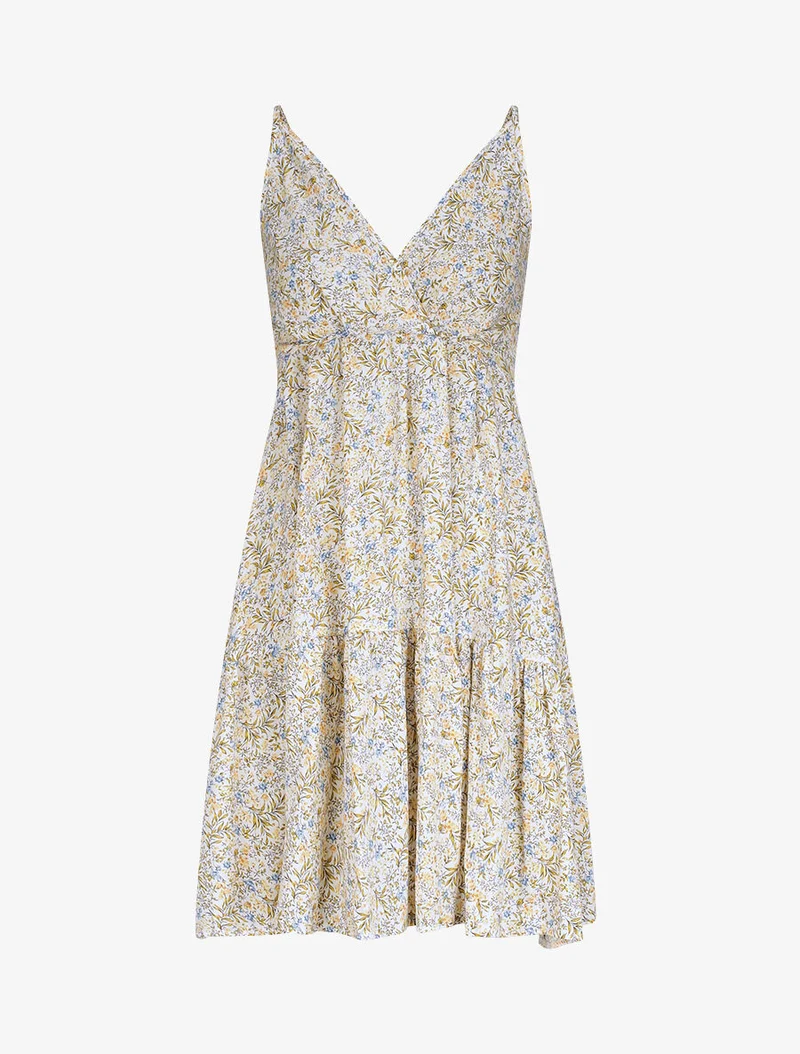 Robe patineuse mi-longue à imprimé fleurs champêtres - Blanc