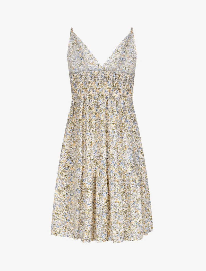 Robe patineuse mi-longue à imprimé fleurs champêtres - Blanc