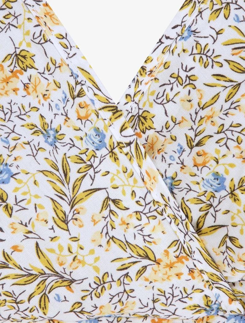 Robe patineuse mi-longue à imprimé fleurs champêtres - Blanc