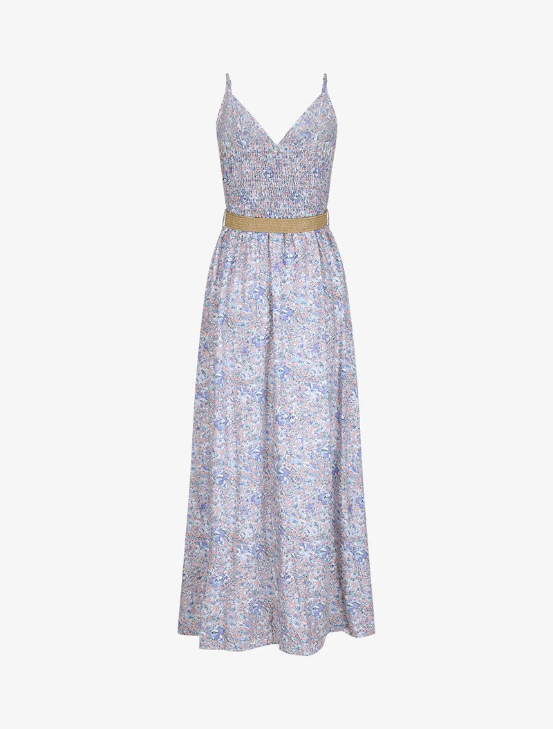 Robe longue à imprimé paquerettes - Bleu clair/rose
