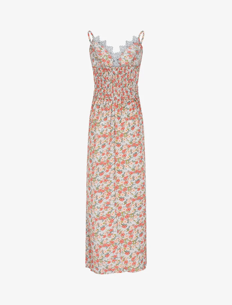 Robe longue fleurie et à fines broderies - Orange