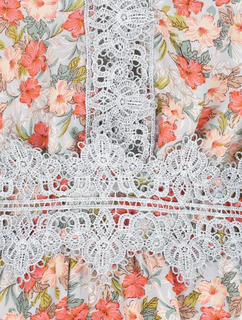 Robe longue fleurie et à fines broderies - Orange