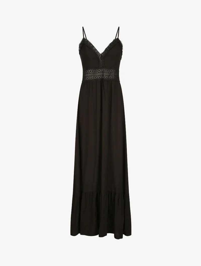 Robe longue à col V en dentelle - Noir