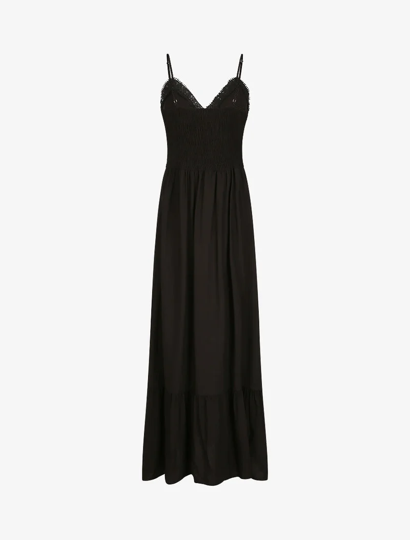 Robe longue à col V en dentelle - Noir