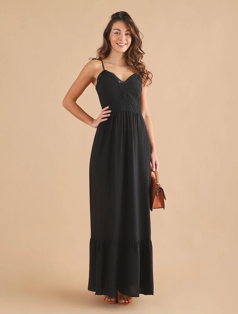 Robe longue à col V en dentelle - Noir