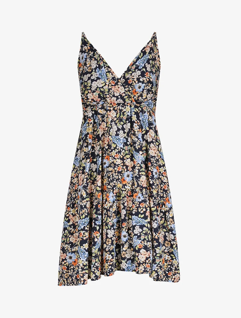 Robe patineuse mi-longue à imprimé fleurs printanières - Marine