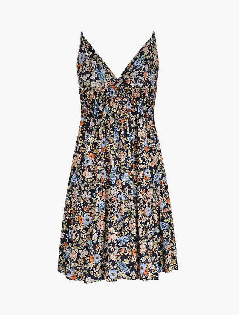 Robe patineuse mi-longue à imprimé fleurs printanières - Marine