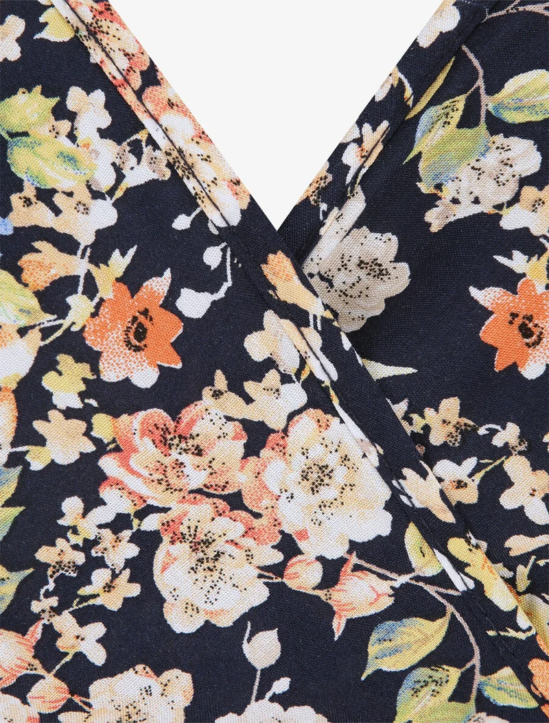 Robe patineuse mi-longue à imprimé fleurs printanières - Marine