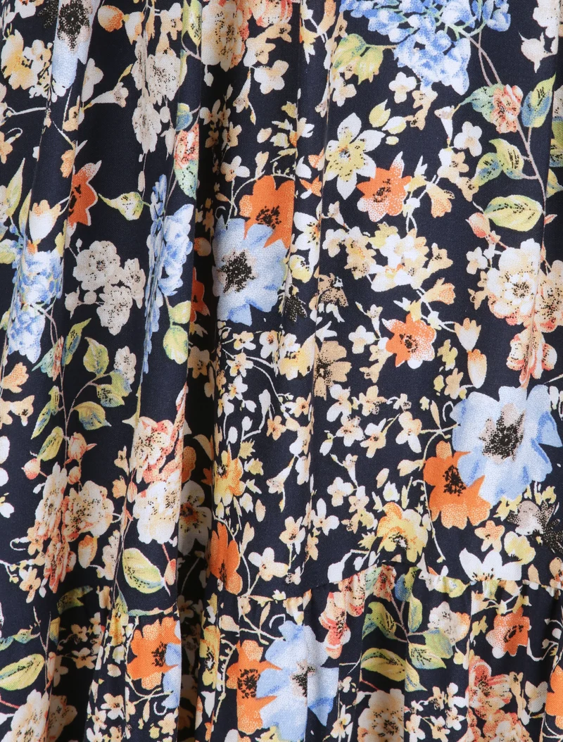 Robe patineuse mi-longue à imprimé fleurs printanières - Marine