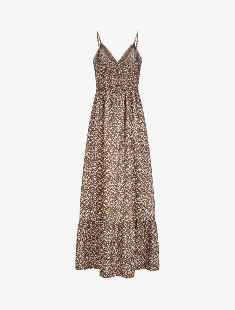 Robe longue imprimé petites fleurs à col V en dentelle - Marron