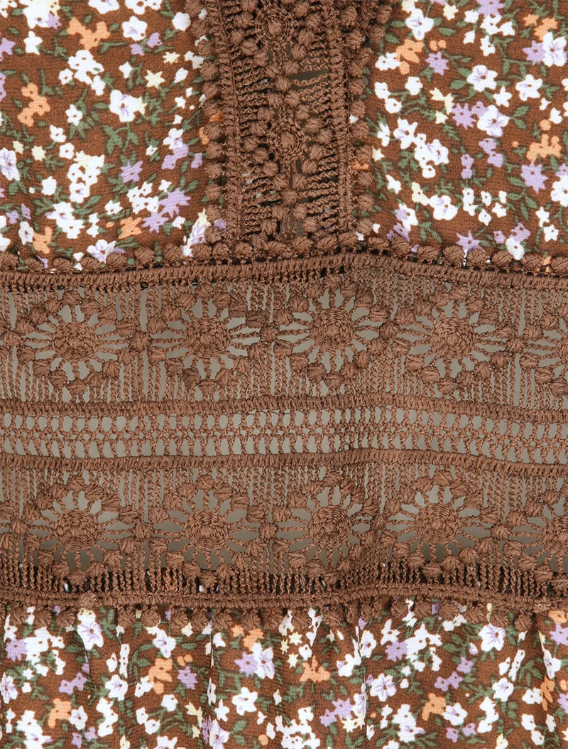 Robe longue imprimé petites fleurs à col V en dentelle - Marron