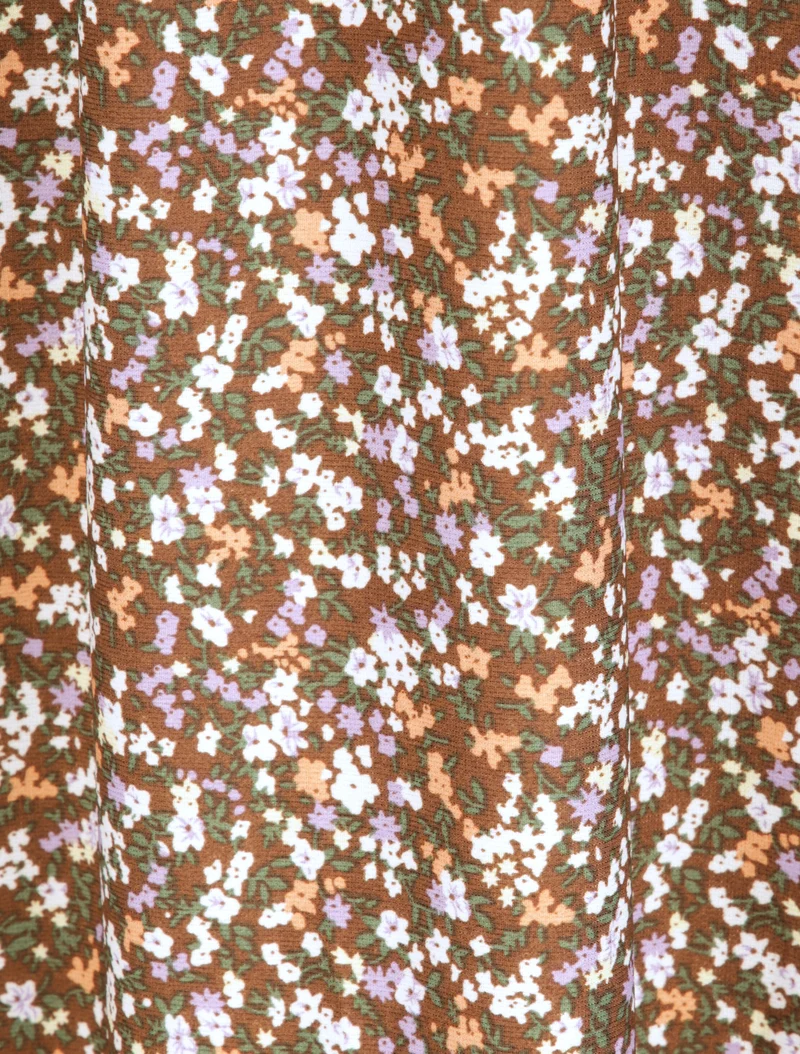 Robe longue imprimé petites fleurs à col V en dentelle - Marron