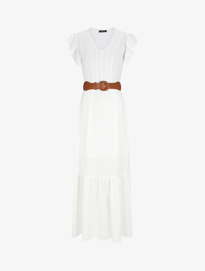Robe longue à manches volantées - Blanc