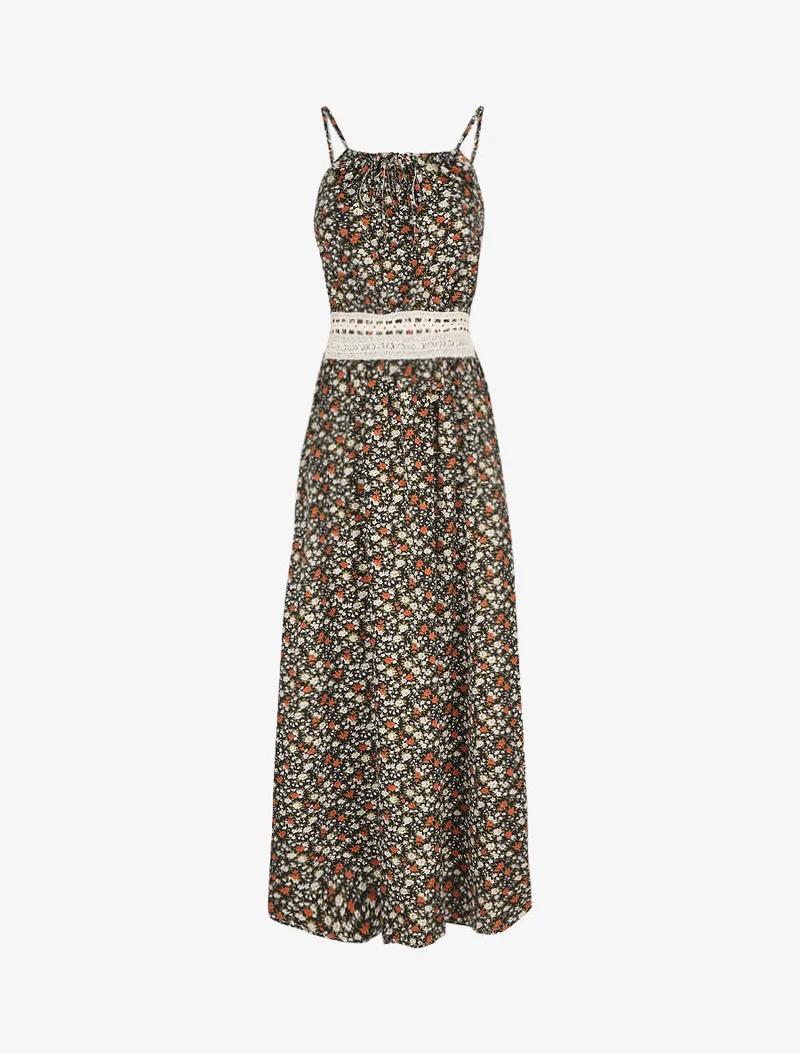 Robe longue à imprimé fleuri et taille brodée - Noir