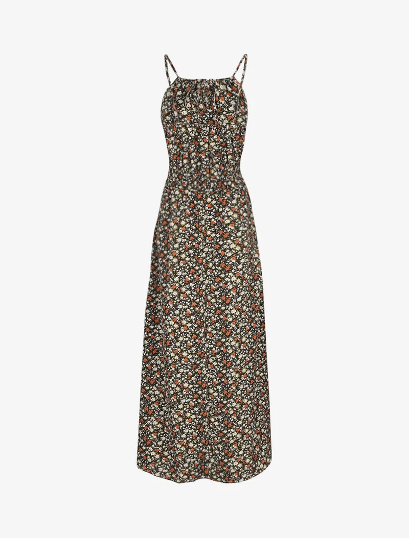 Robe longue à imprimé fleuri et taille brodée - Noir