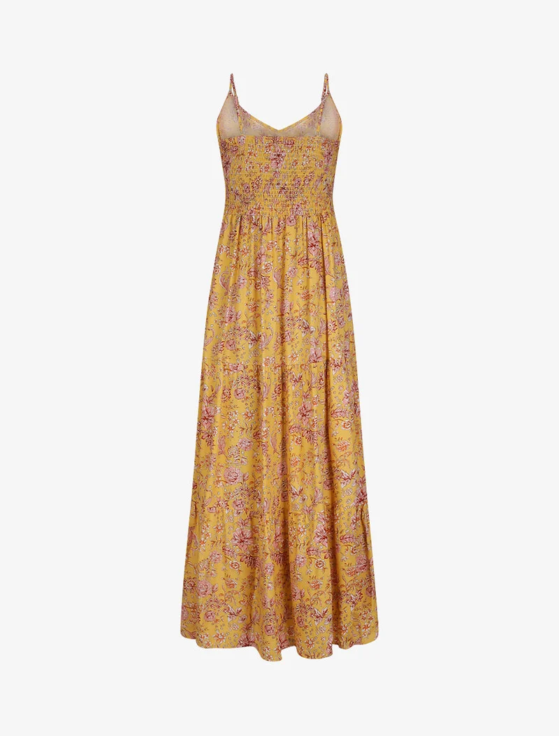 Robe longue à imprimé fleuri - Moutarde