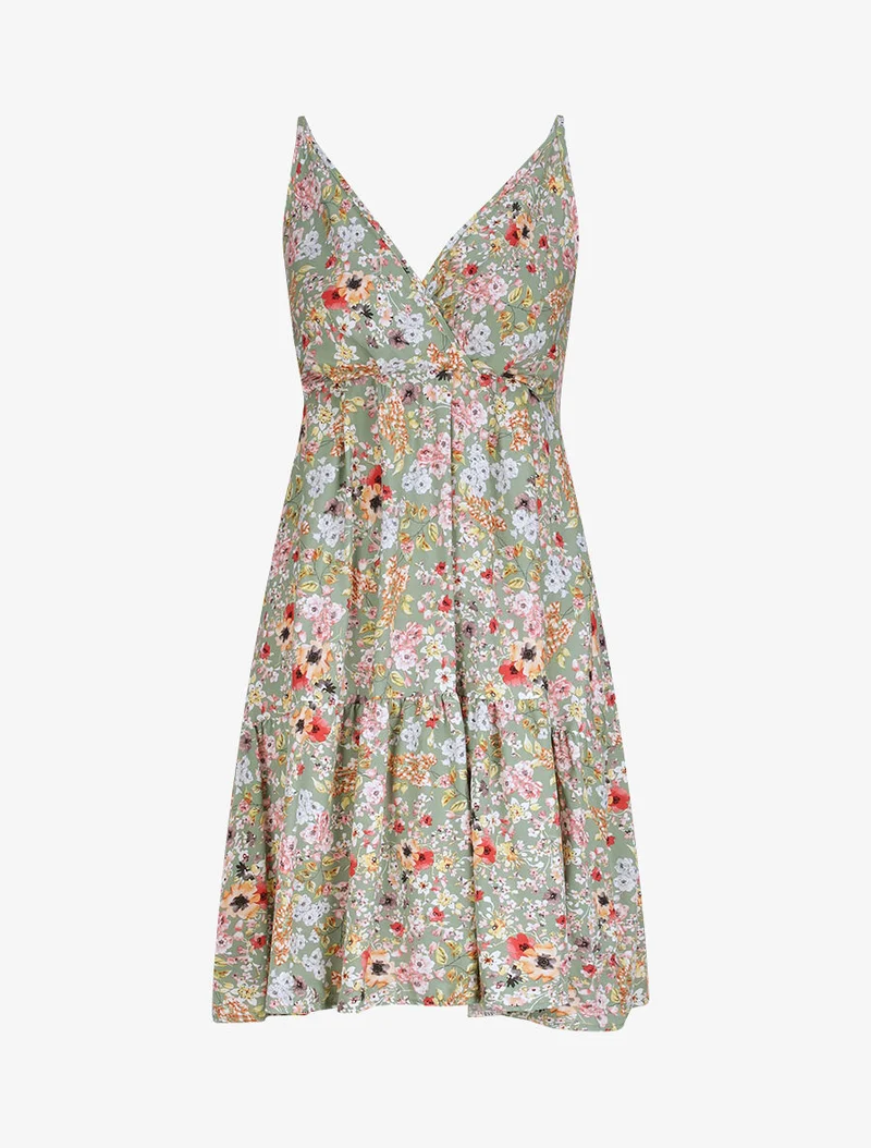 Robe patineuse mi-longue à imprimé fleurs printanières - Vert