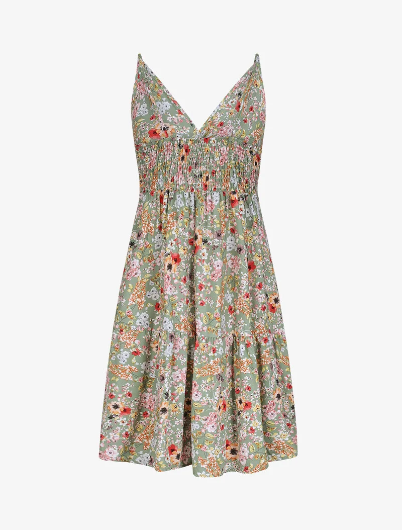 Robe patineuse mi-longue à imprimé fleurs printanières - Vert