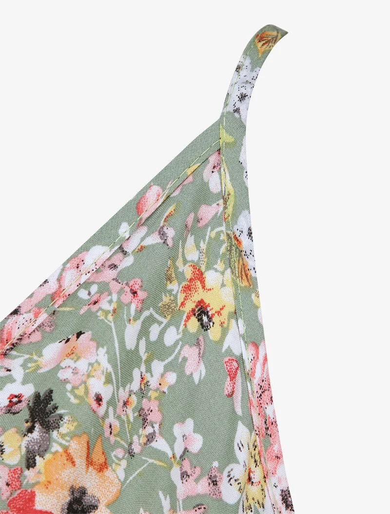 Robe patineuse mi-longue à imprimé fleurs printanières - Vert