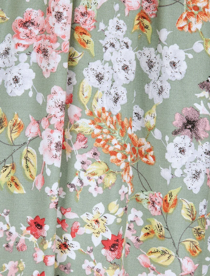 Robe patineuse mi-longue à imprimé fleurs printanières - Vert