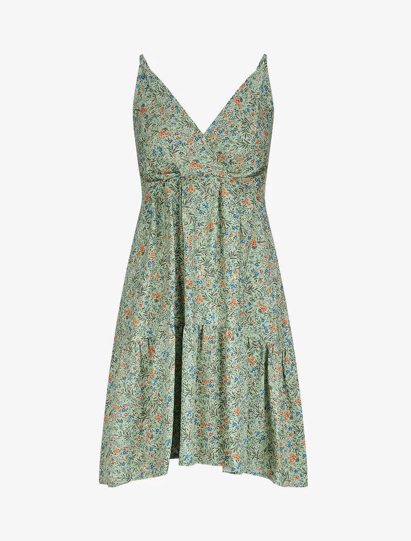 Robe patineuse mi-longue à imprimé fleurs champêtres - Vert tilleul