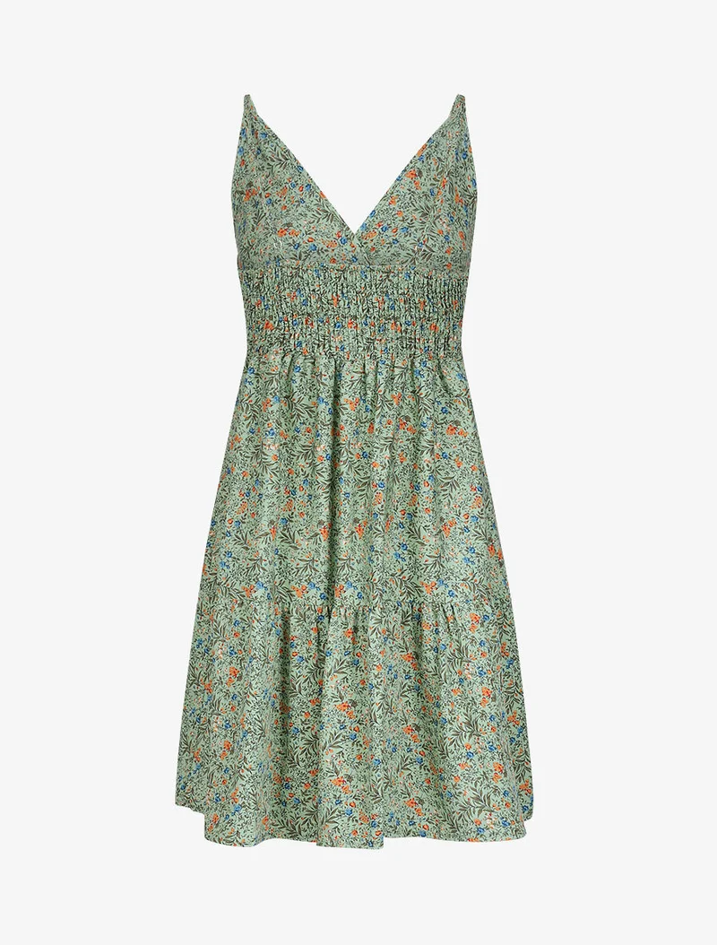 Robe patineuse mi-longue à imprimé fleurs champêtres - Vert tilleul