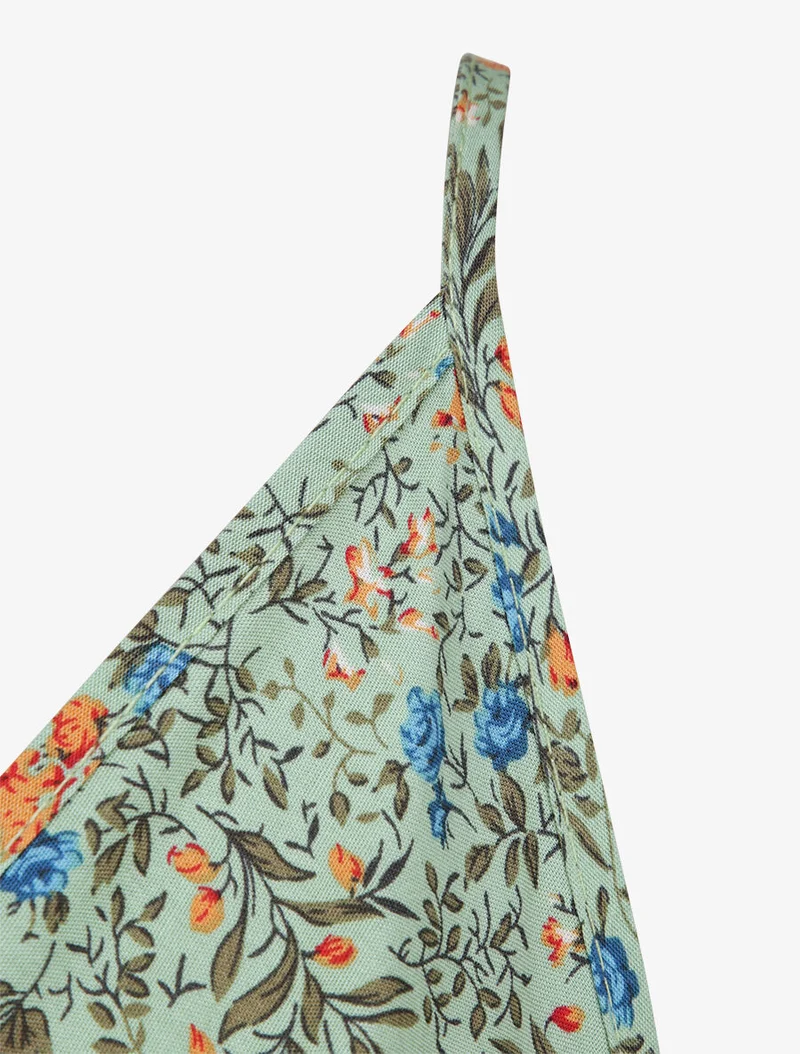 Robe patineuse mi-longue à imprimé fleurs champêtres - Vert tilleul