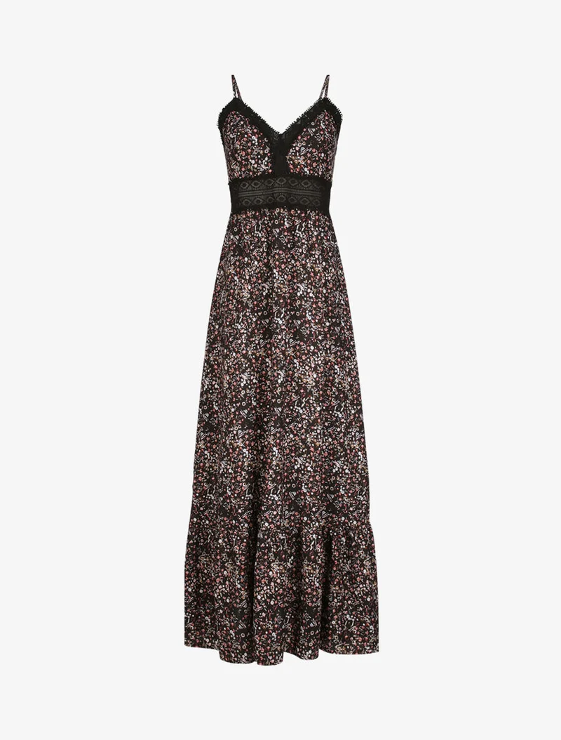 Robe longue imprimé petites fleurs à col V en dentelle - Noir