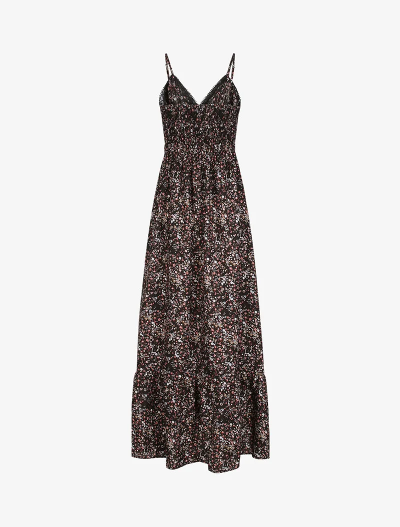 Robe longue imprimé petites fleurs à col V en dentelle - Noir
