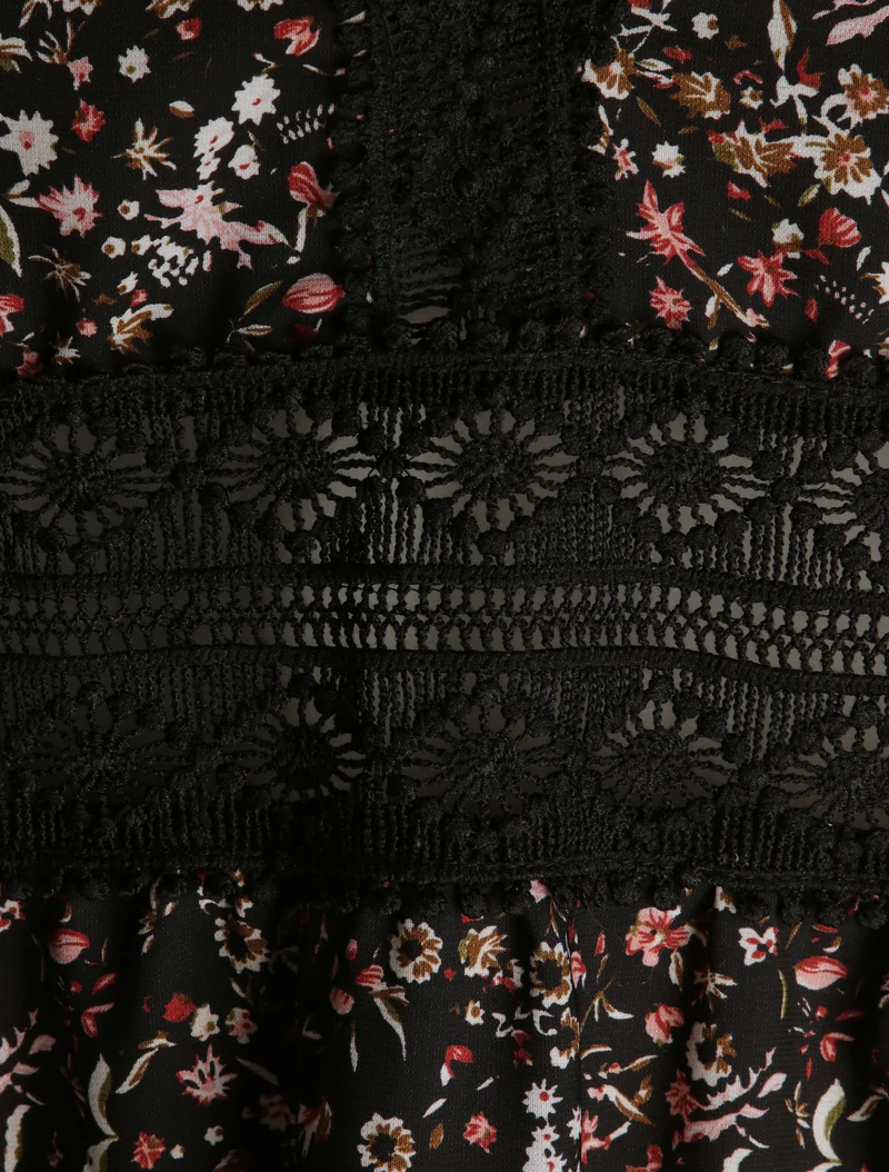 Robe longue imprimé petites fleurs à col V en dentelle - Noir