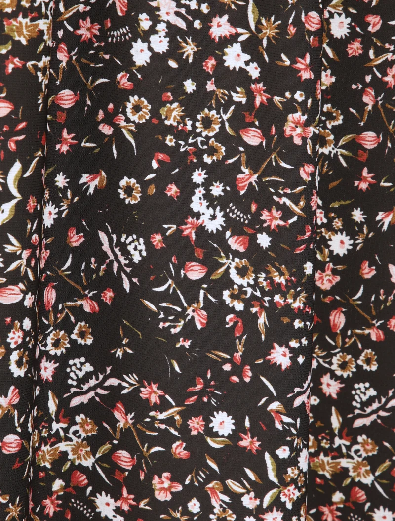 Robe longue imprimé petites fleurs à col V en dentelle - Noir