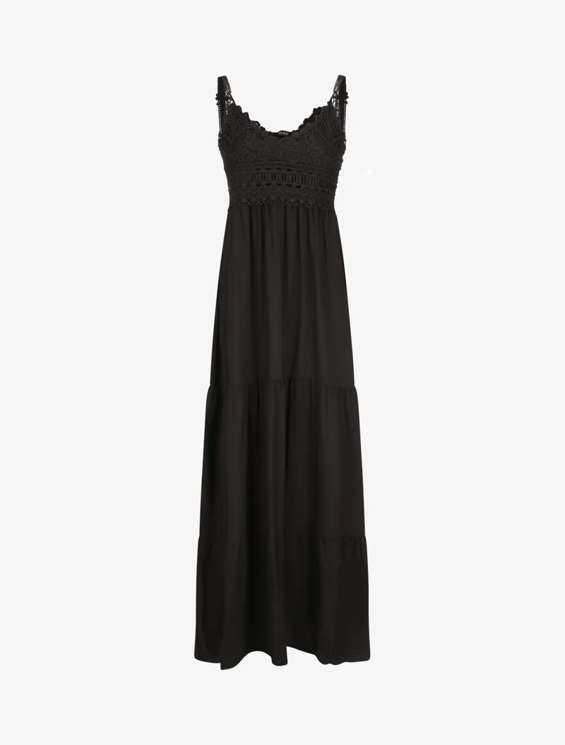Robe longue empire à col V en dentelle - Noir