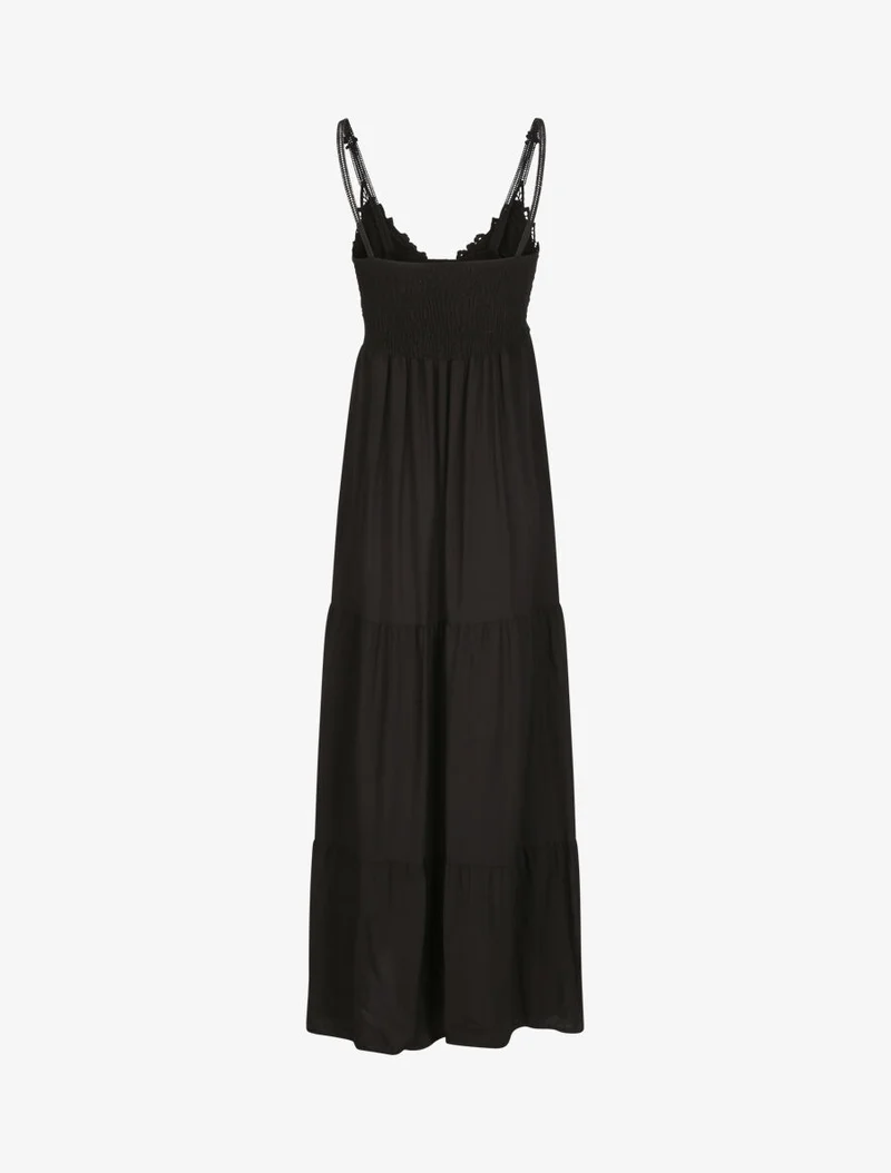 Robe longue empire à col V en dentelle - Noir