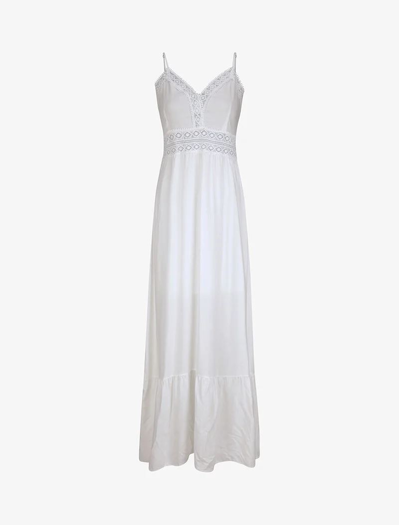 Robe longue à col V en dentelle - Blanc