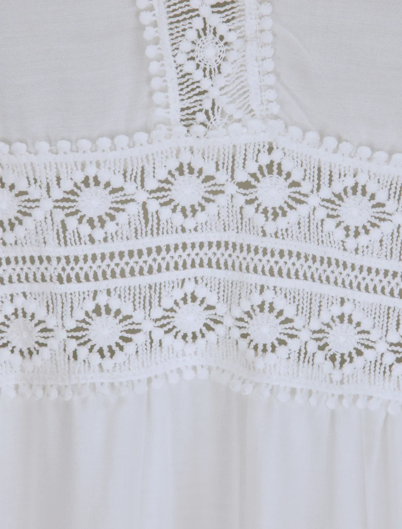 Robe longue à col V en dentelle - Blanc