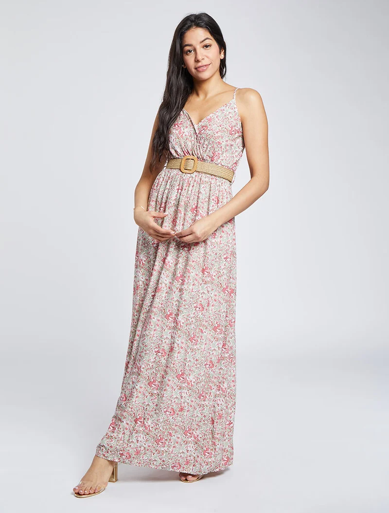 Robe longue à imprimé paquerettes - Rose/vert amande