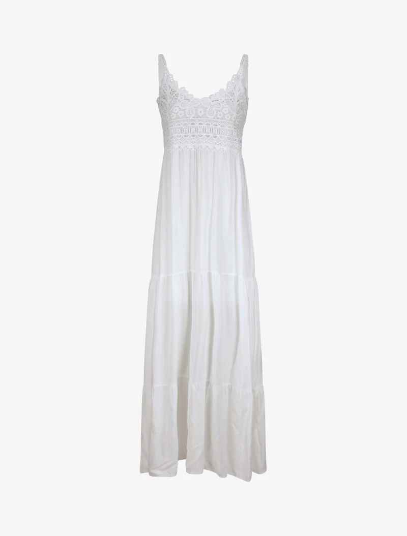 Robe longue empire à col V en dentelle - Blanc