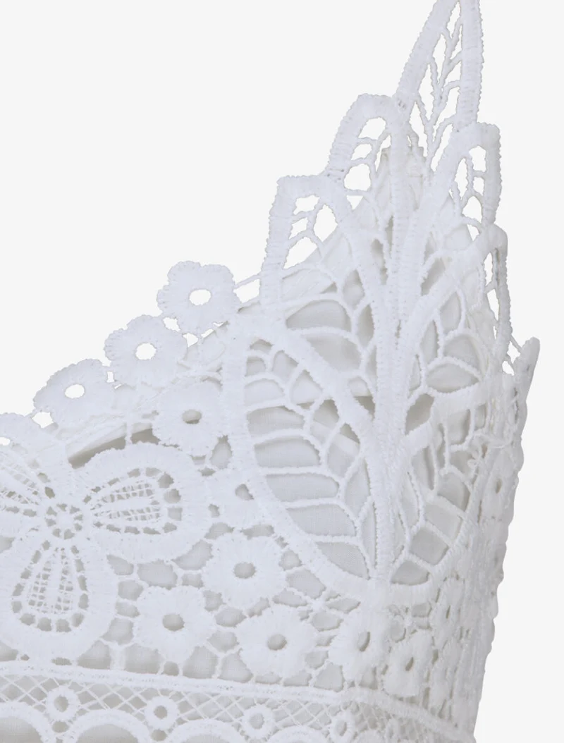 Robe longue empire à col V en dentelle - Blanc