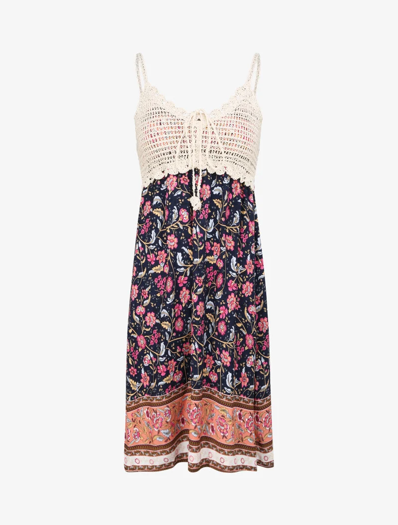 Robe constratée imprimé floral et graphique - Marine