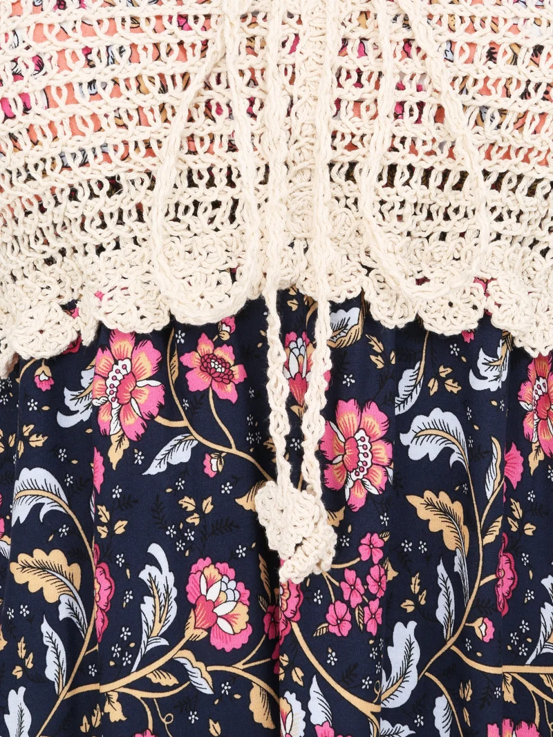 Robe constratée imprimé floral et graphique - Marine
