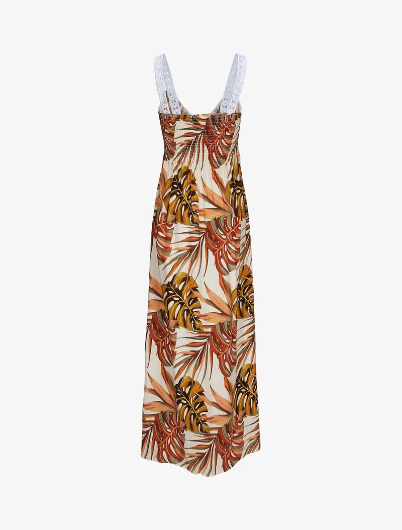 Robe longue imprimé feuilles exotiques et crochet - Beige