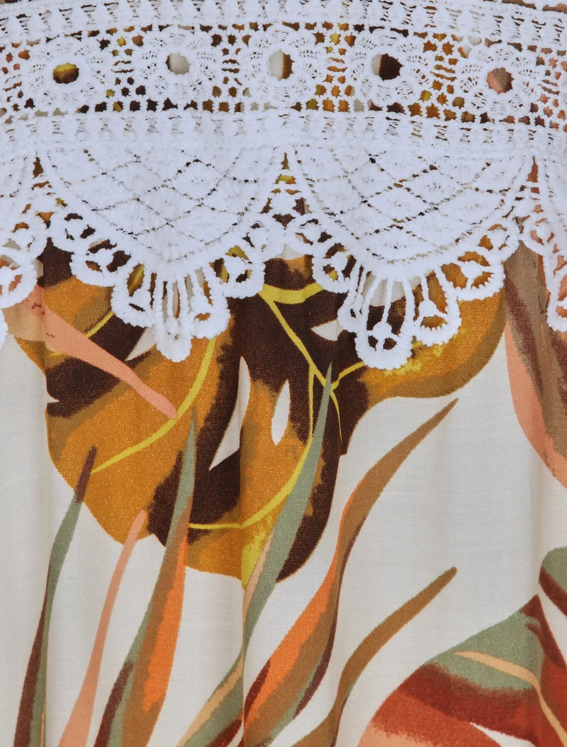 Robe longue imprimé feuilles exotiques et crochet - Beige